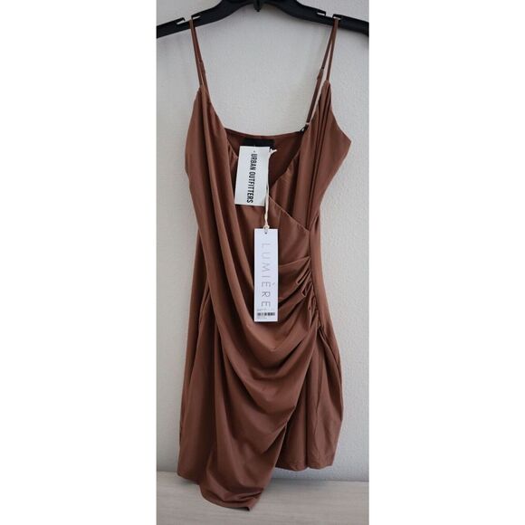 Urban Outfitters Women's Sz S Cocoa Brown Lumiére Knit Faux Wrap Ruched Dress - Picture 1 of 9